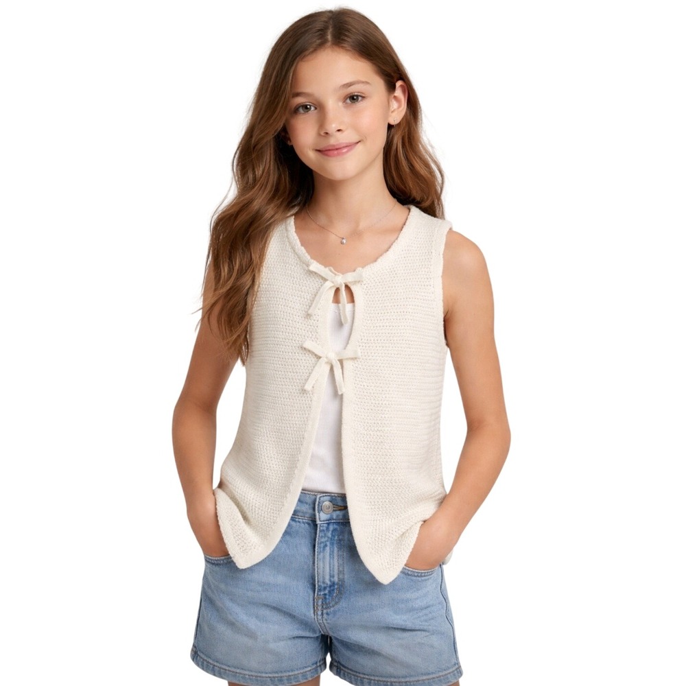 Cat & Jack Girls Cream White Crochet Knit Bow Tie Front Sweater Vest‎ XL 14